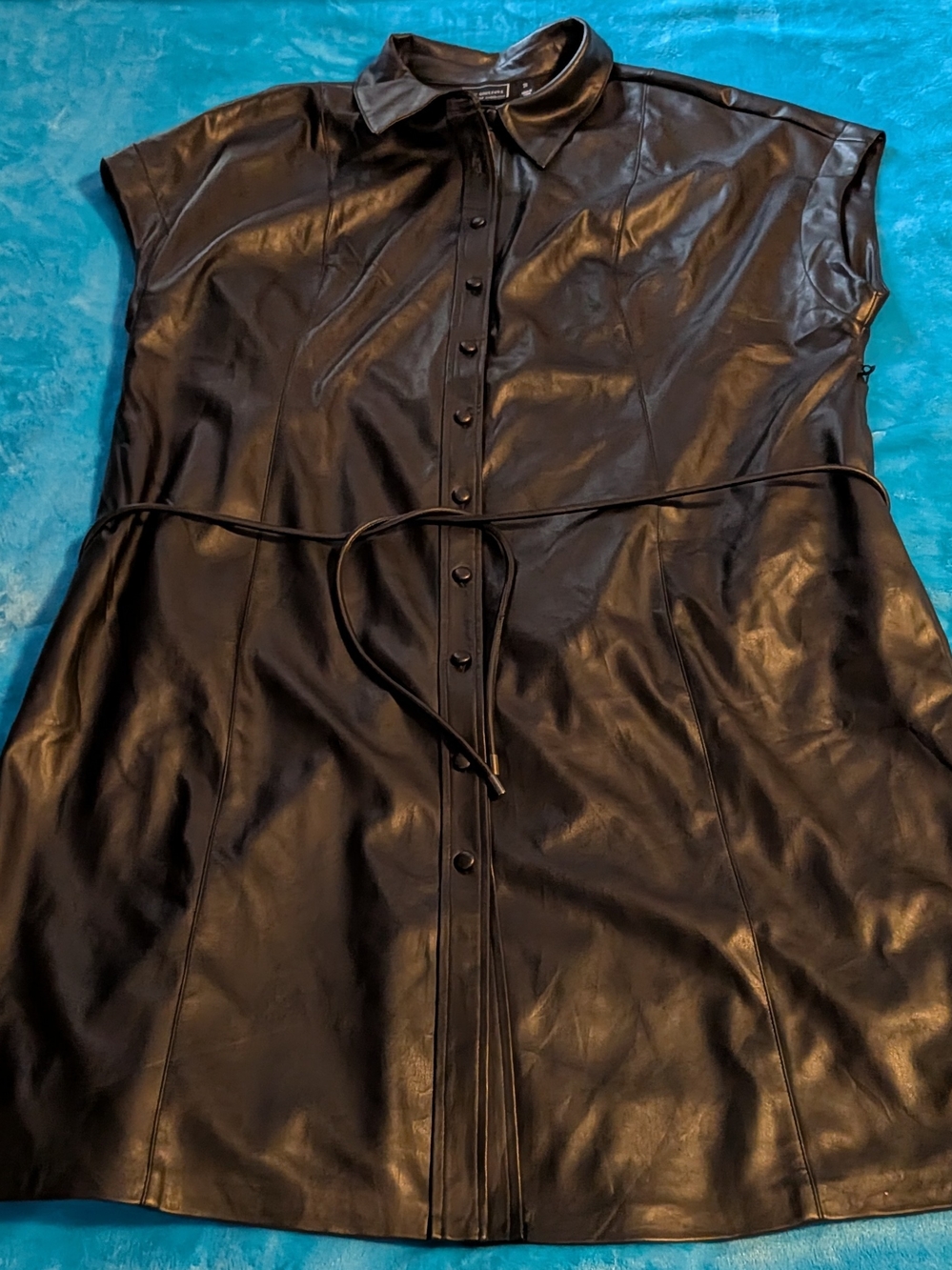 G by Giuliana Black Faux Leather Shirt Dress, Alt Belted Collared Mini Dress